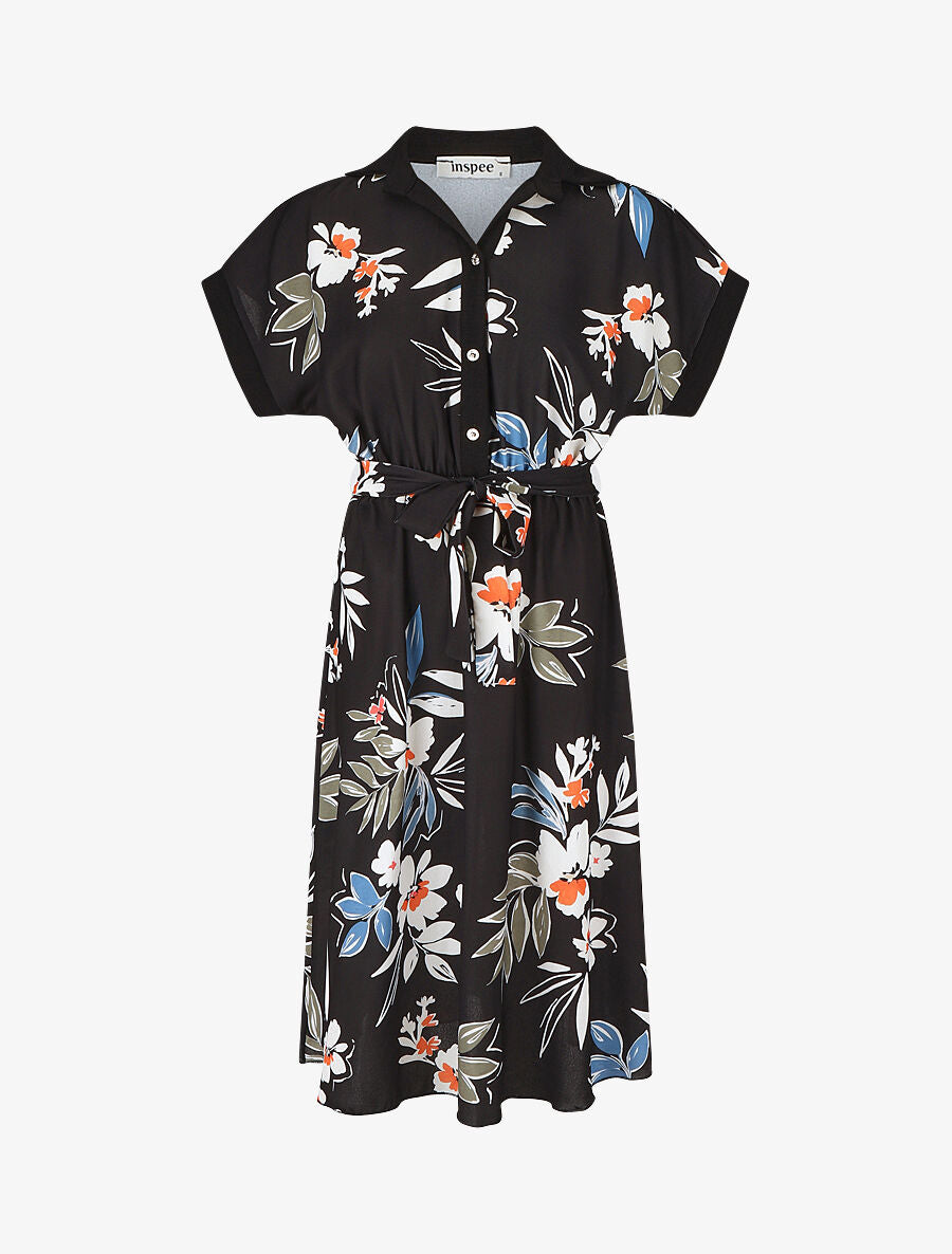 Robe chemise motif fleuri manches courtes - Noir - 4