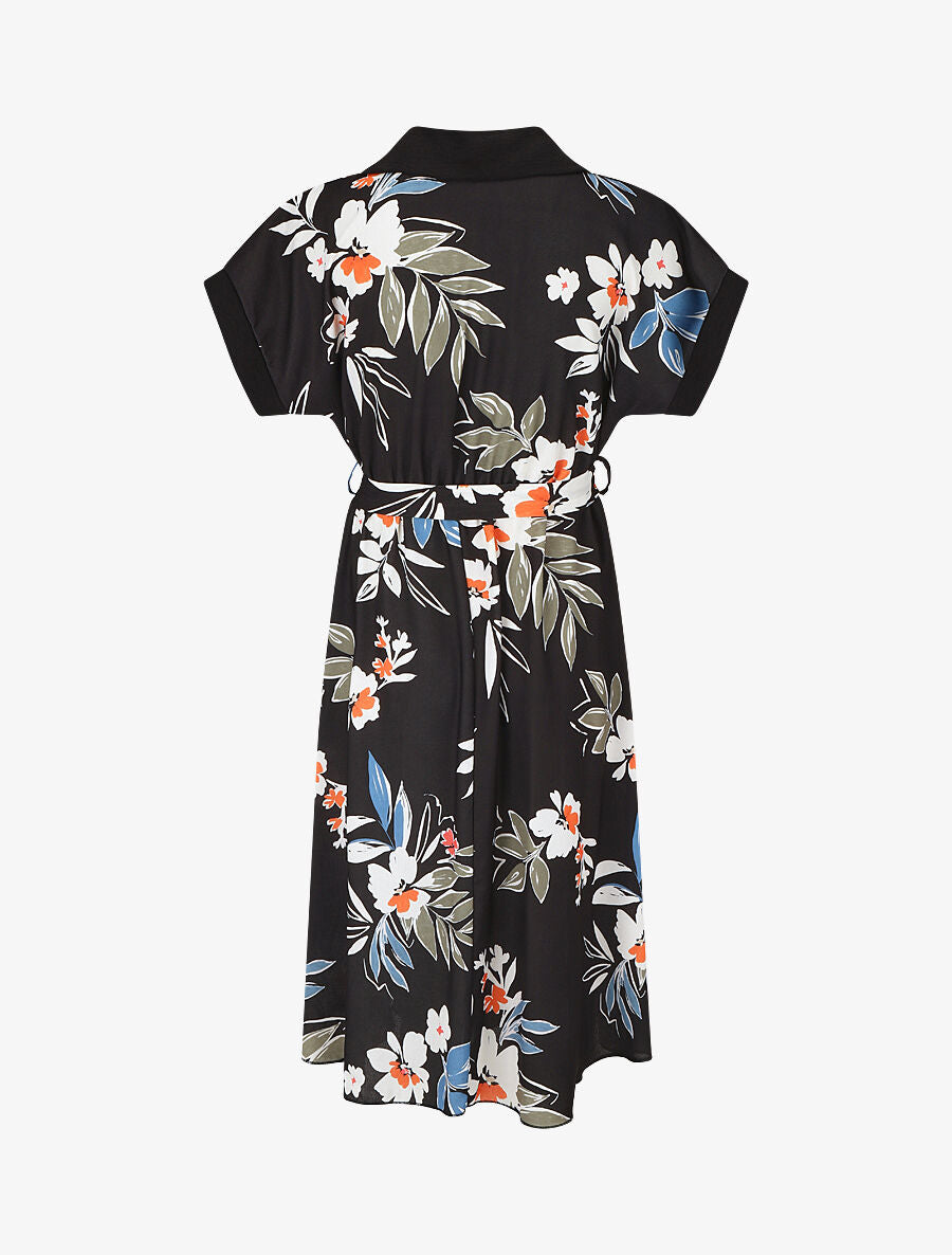 Robe chemise motif fleuri manches courtes - Noir - 2