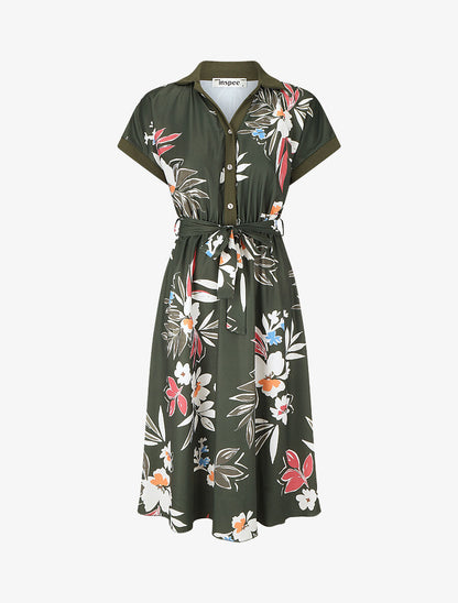 Robe chemise motif fleuri manches courtes - Kaki - 1