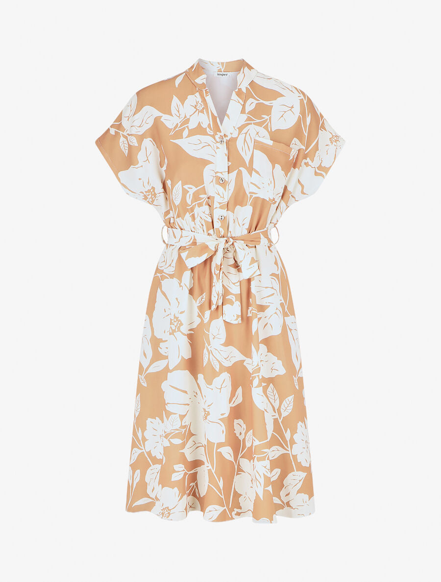 Robe longue élastiquée imprimé feuilles - Camel - 1