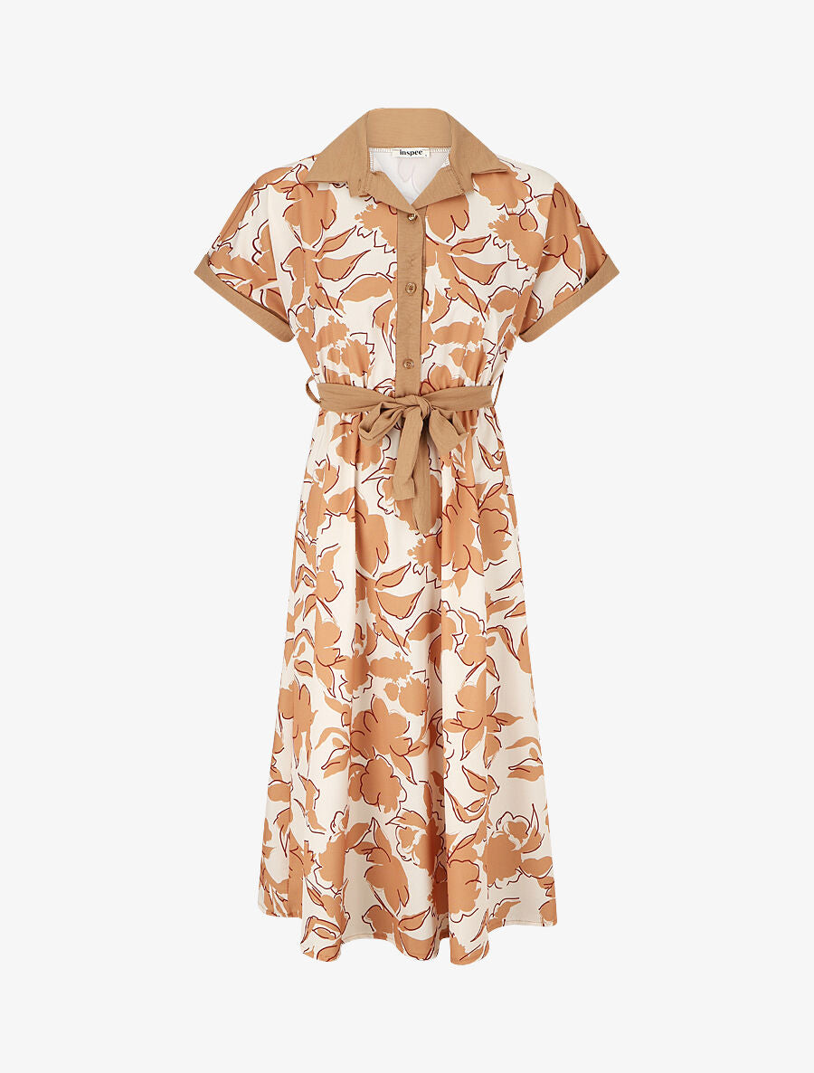 Robe longue élastiquée à imprimé floral - Beige - 1