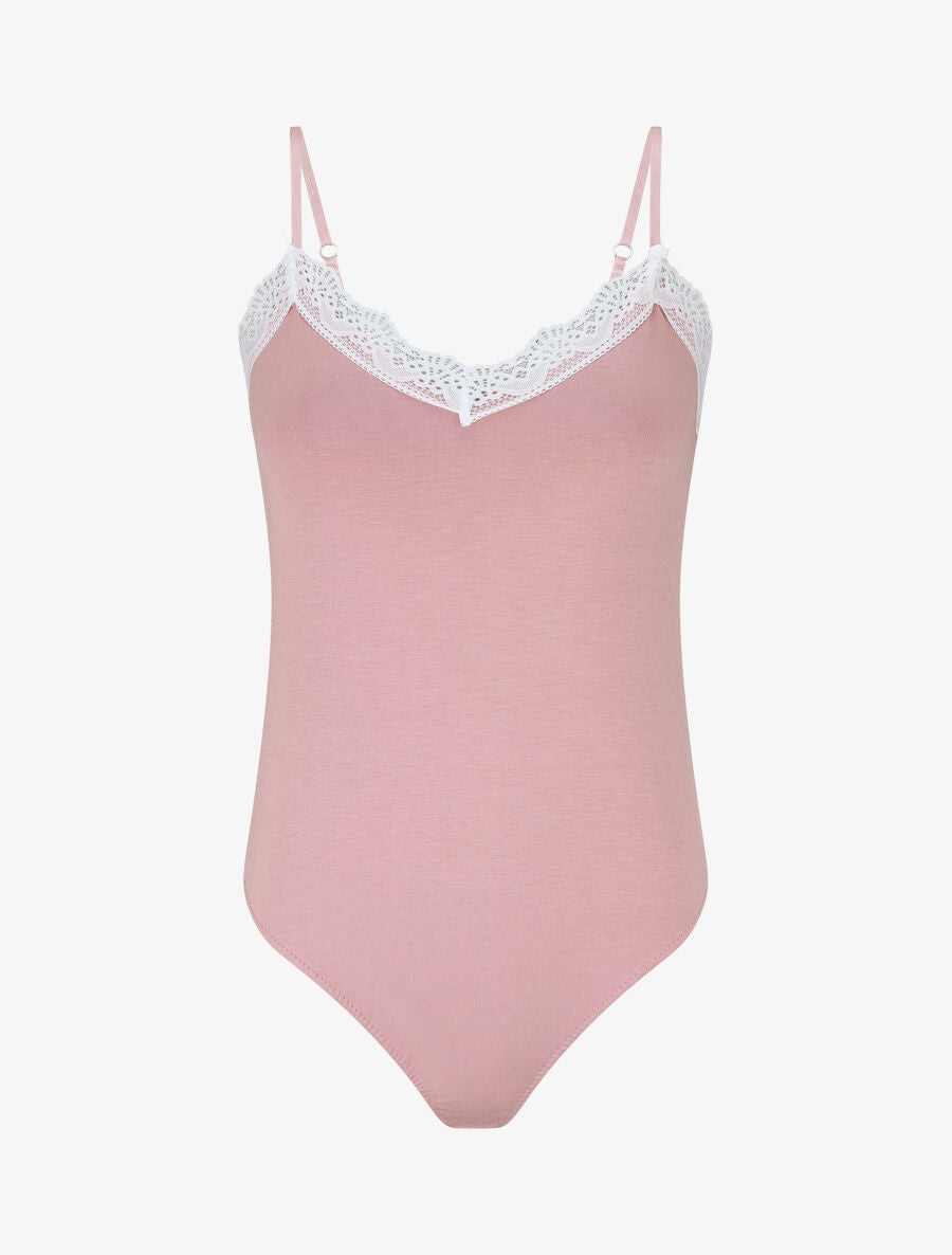 Body uni à bretelles et col V dentelle - Rose - 1