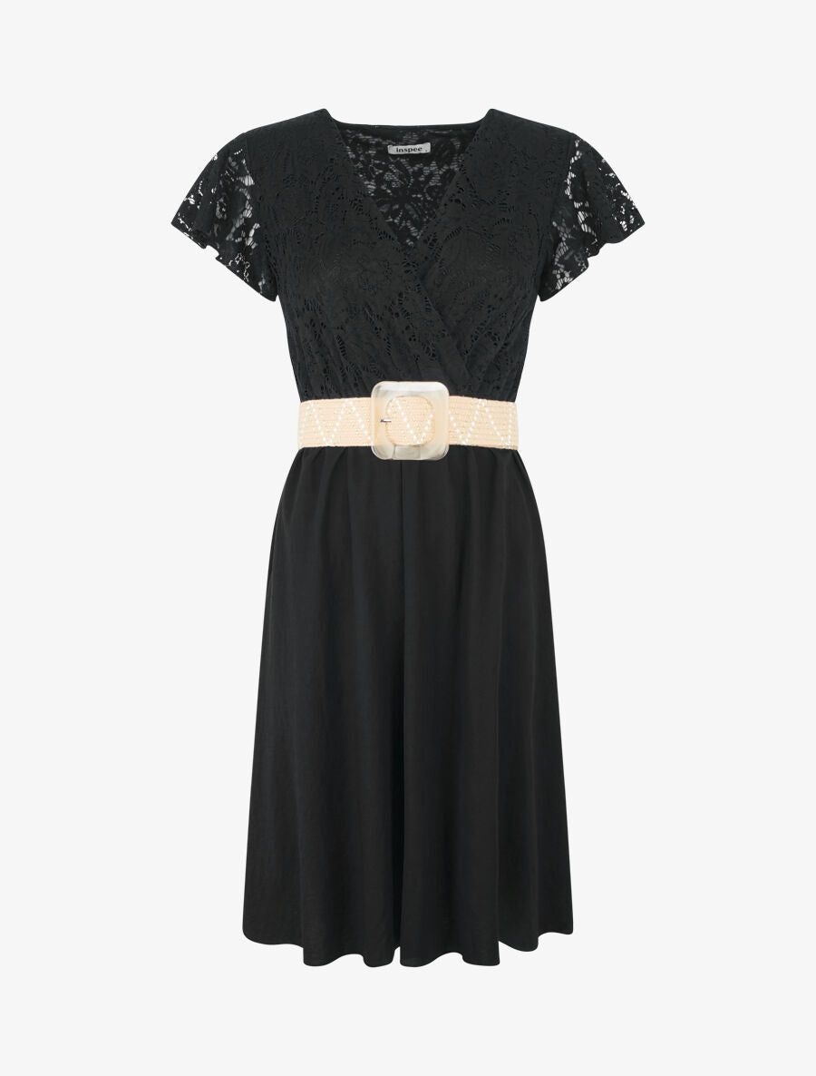 Robe mi-longue à buste brodé - Noir - 1