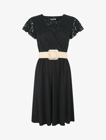 Robe mi-longue à buste brodé - Noir - 1