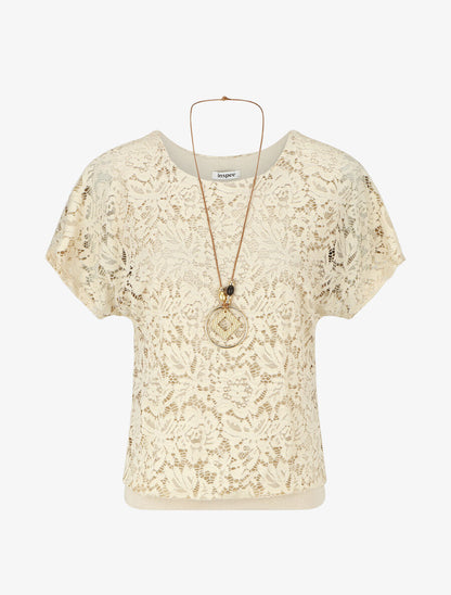 Top uni en broderies - Beige - 4