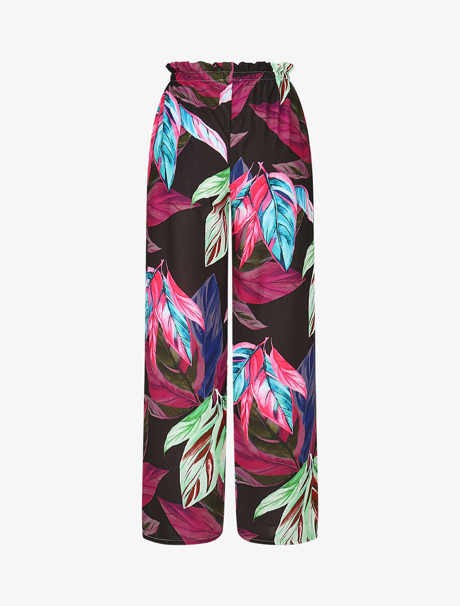 Pantalon ample taille haute imprimé feuilles - Noir - 2