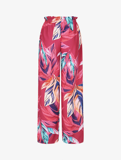 Pantalon ample taille haute imprimé feuilles - Fuchsia - 2