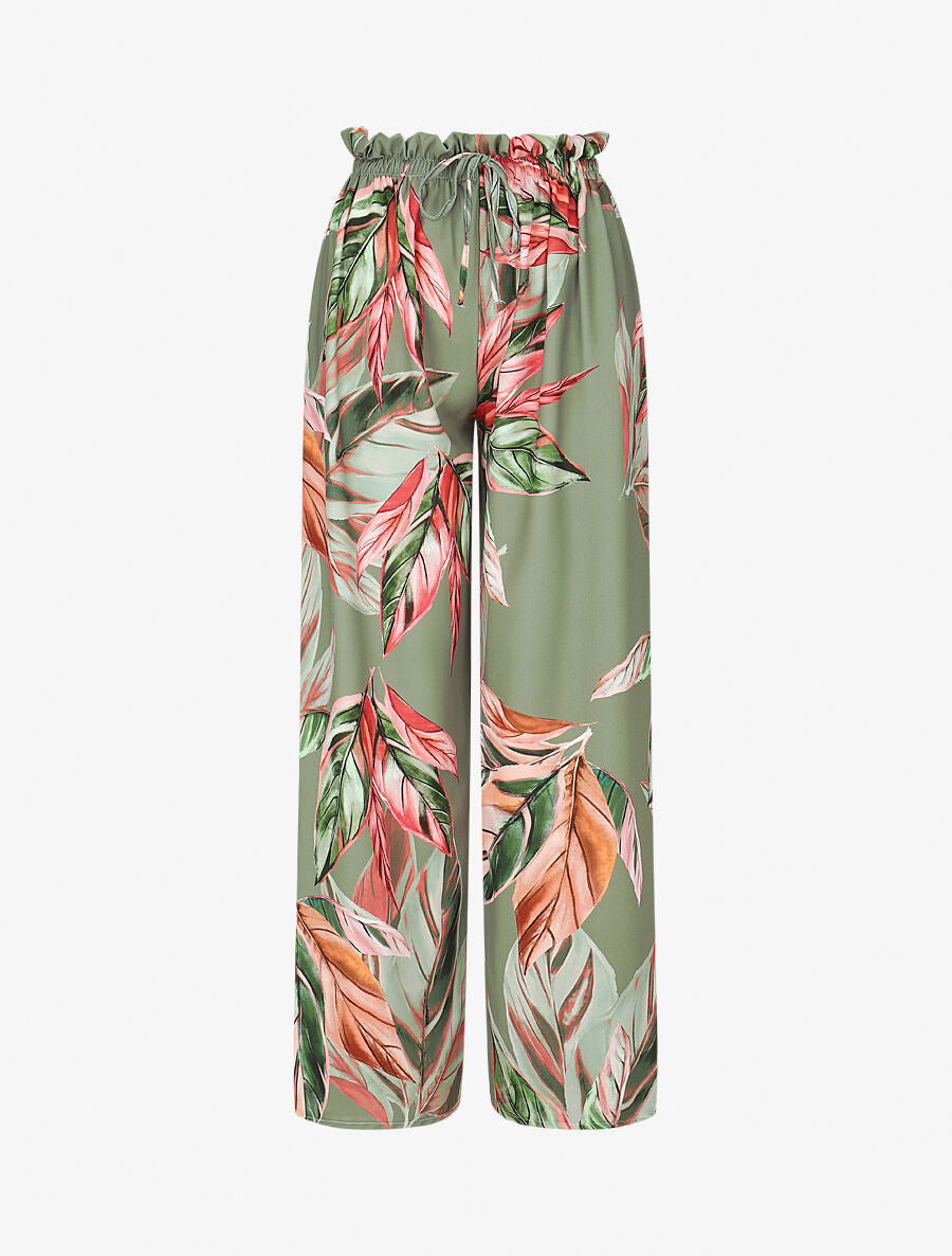 Pantalon ample taille haute imprimé feuilles - Kaki - 4