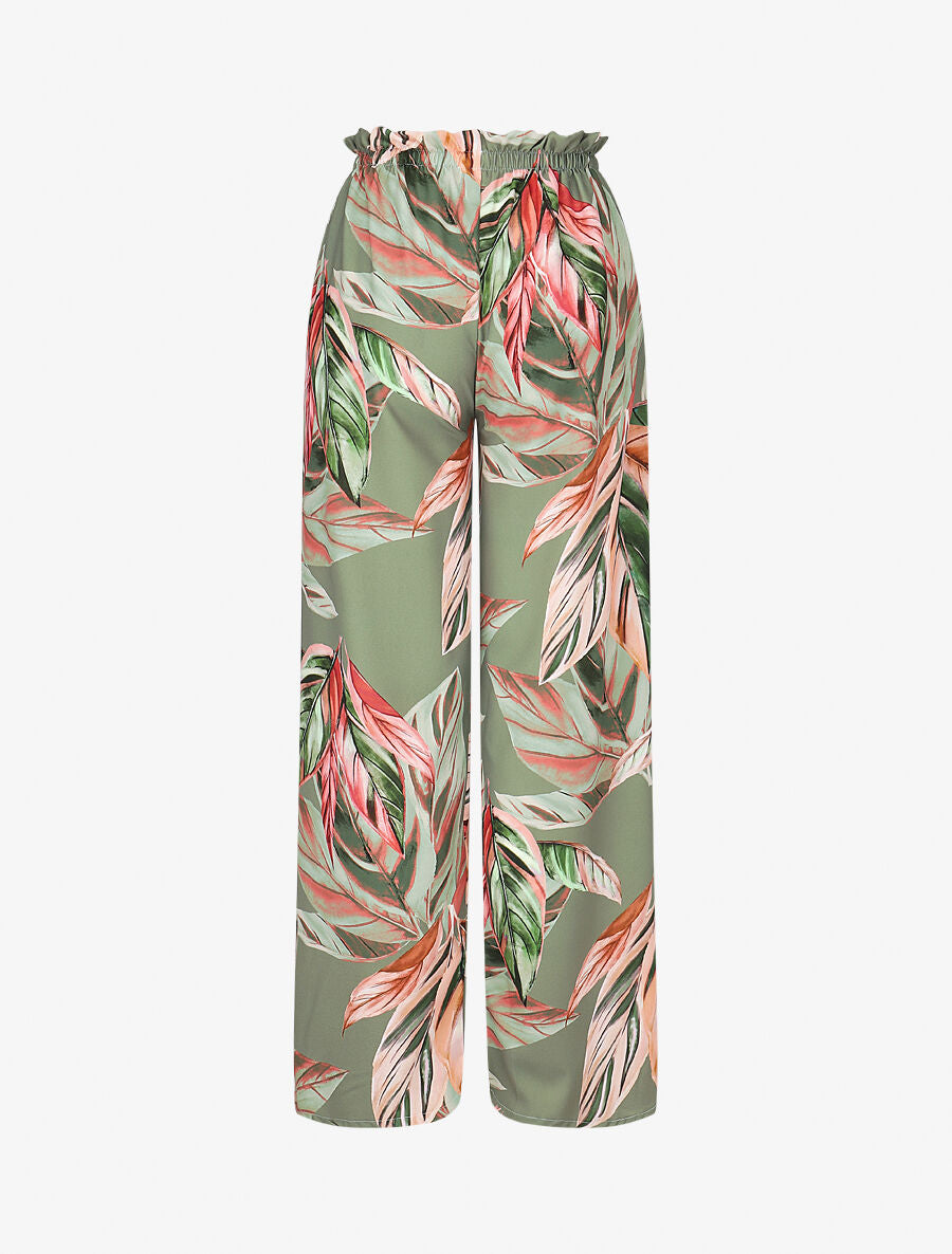 Pantalon ample taille haute imprimé feuilles - Kaki - 2