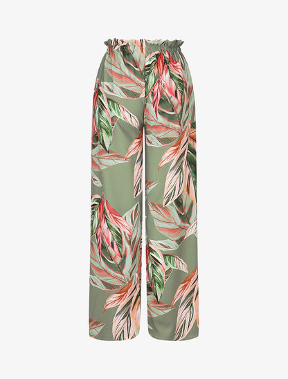 Pantalon ample taille haute imprimé feuilles - Kaki - 2