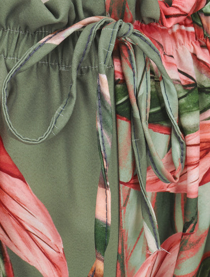 Pantalon ample taille haute imprimé feuilles - Kaki - 3