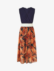 Robe longue bi-matière sans manches imprimé tropique - Marine - 5