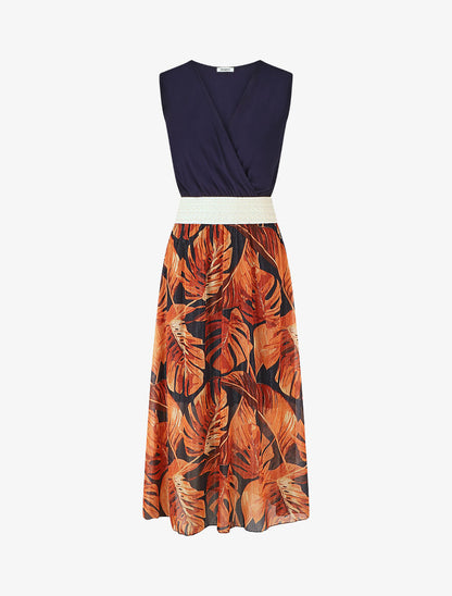 Robe longue bi-matière sans manches imprimé tropique - Marine - 5