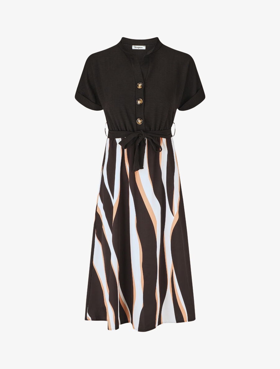 Robe midi manches courtes motifs graphiques - Noir - 5