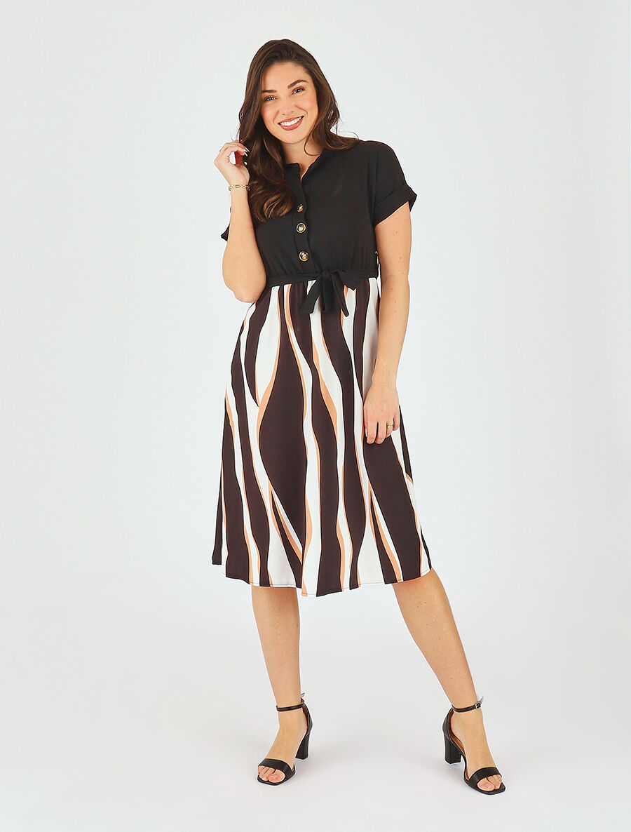 Robe midi manches courtes motifs graphiques - Noir - 4