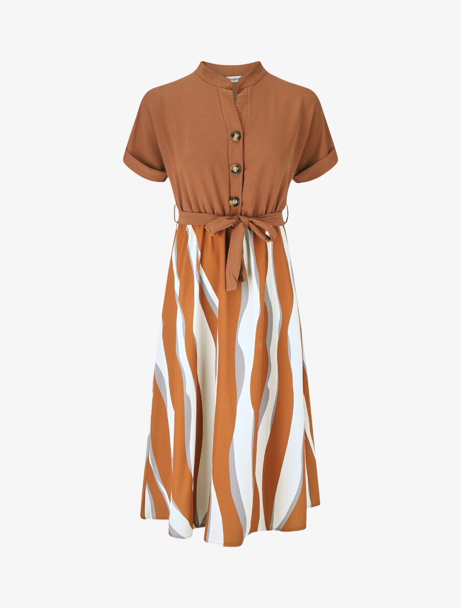 Robe midi manches courtes motifs graphiques - Camel - 1