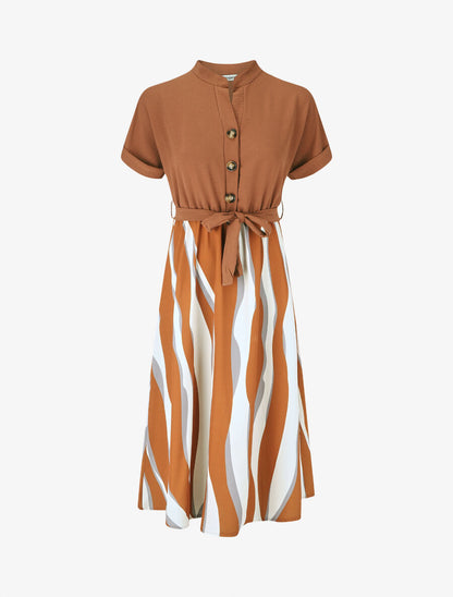Robe midi manches courtes motifs graphiques - Camel - 1