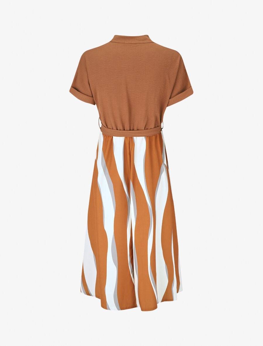 Robe midi manches courtes motifs graphiques - Camel - 2