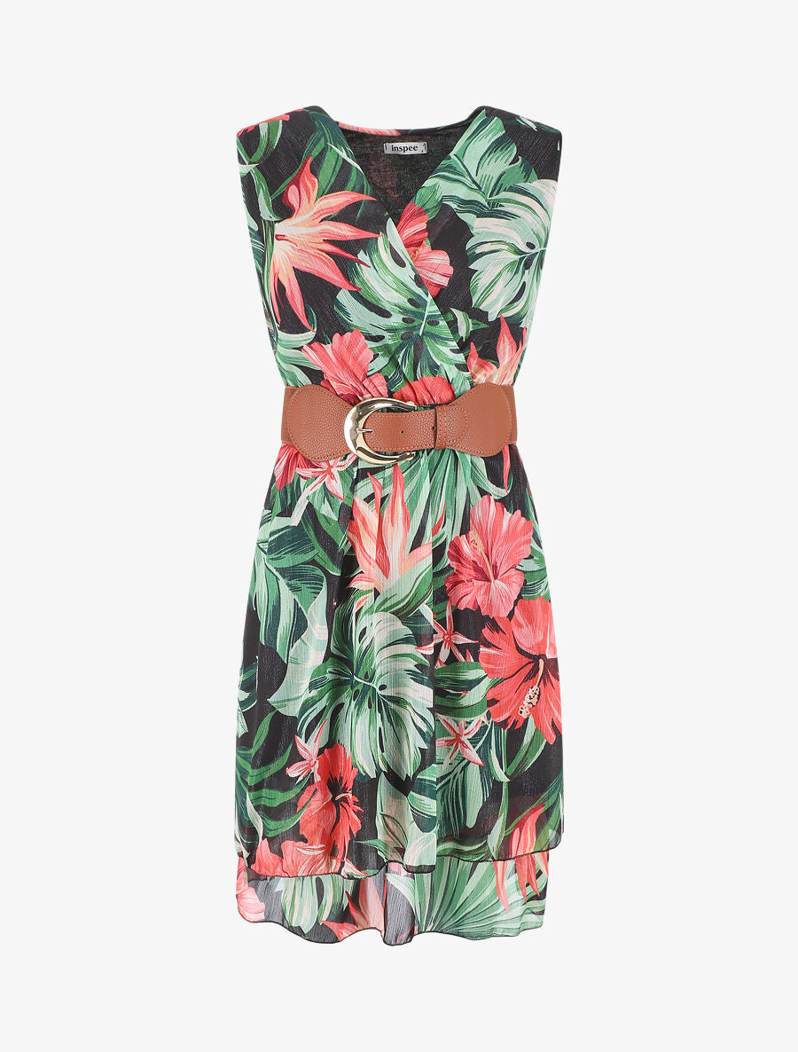 Robe élastiquée sans manches imprimé tropical - Noir - 1