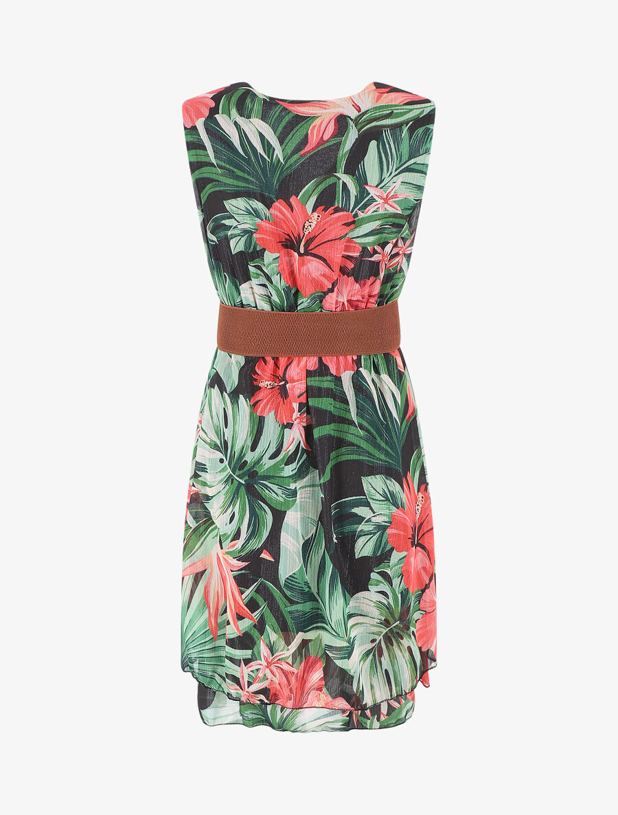 Robe élastiquée sans manches imprimé tropical - Noir - 2