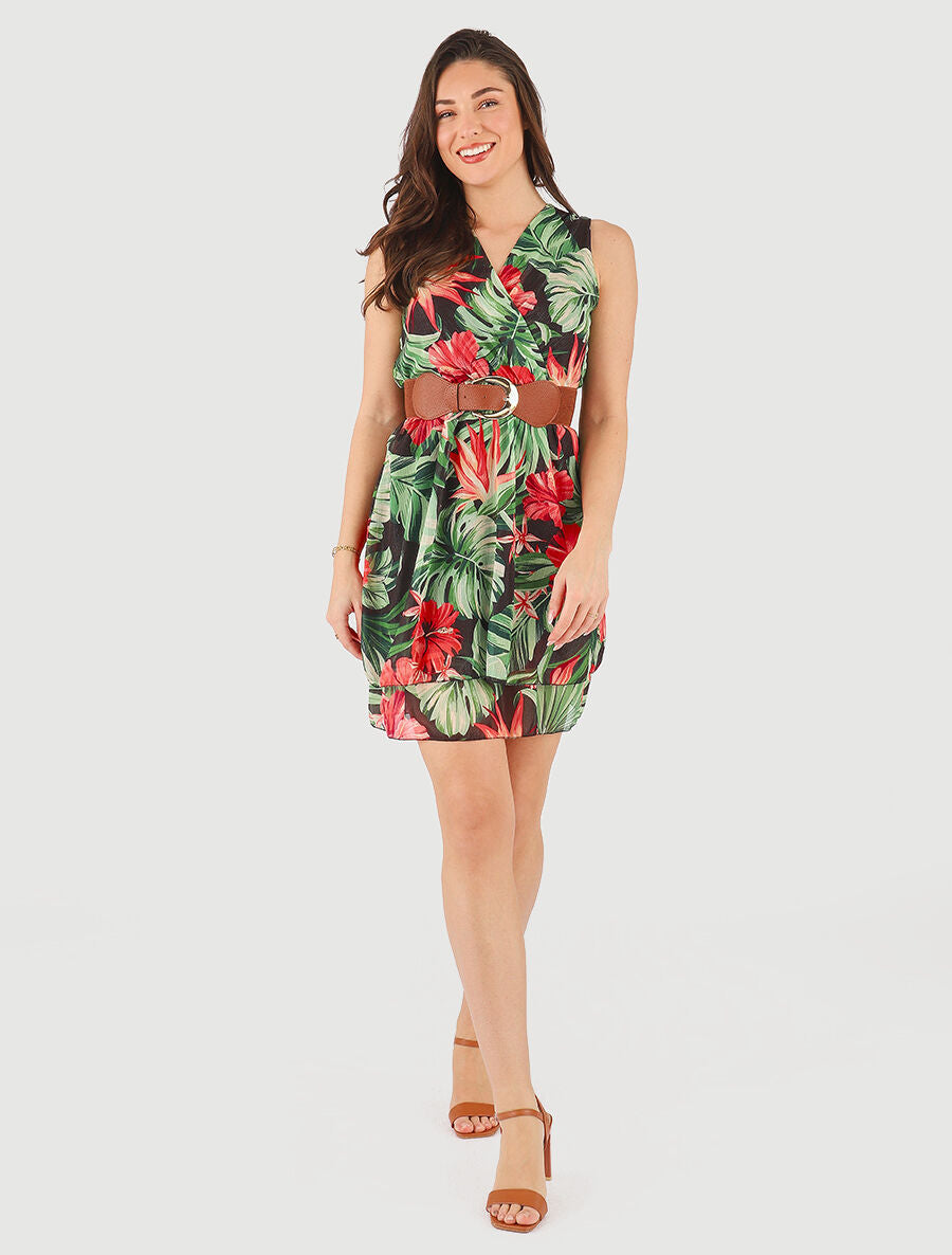 Robe élastiquée sans manches imprimé tropical - Noir - 4