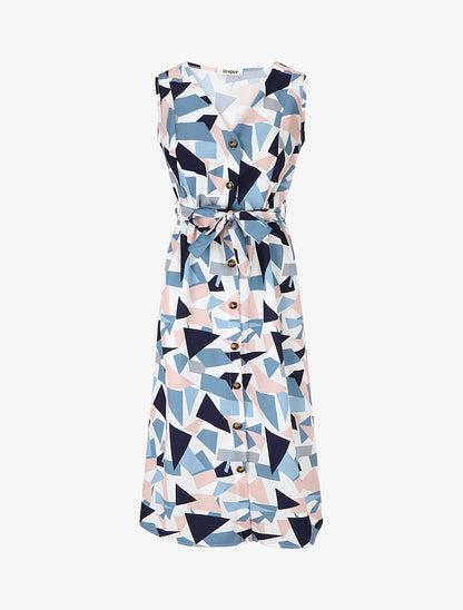 Robe midi droite sans manches imprimé triangles - Bleu - 1