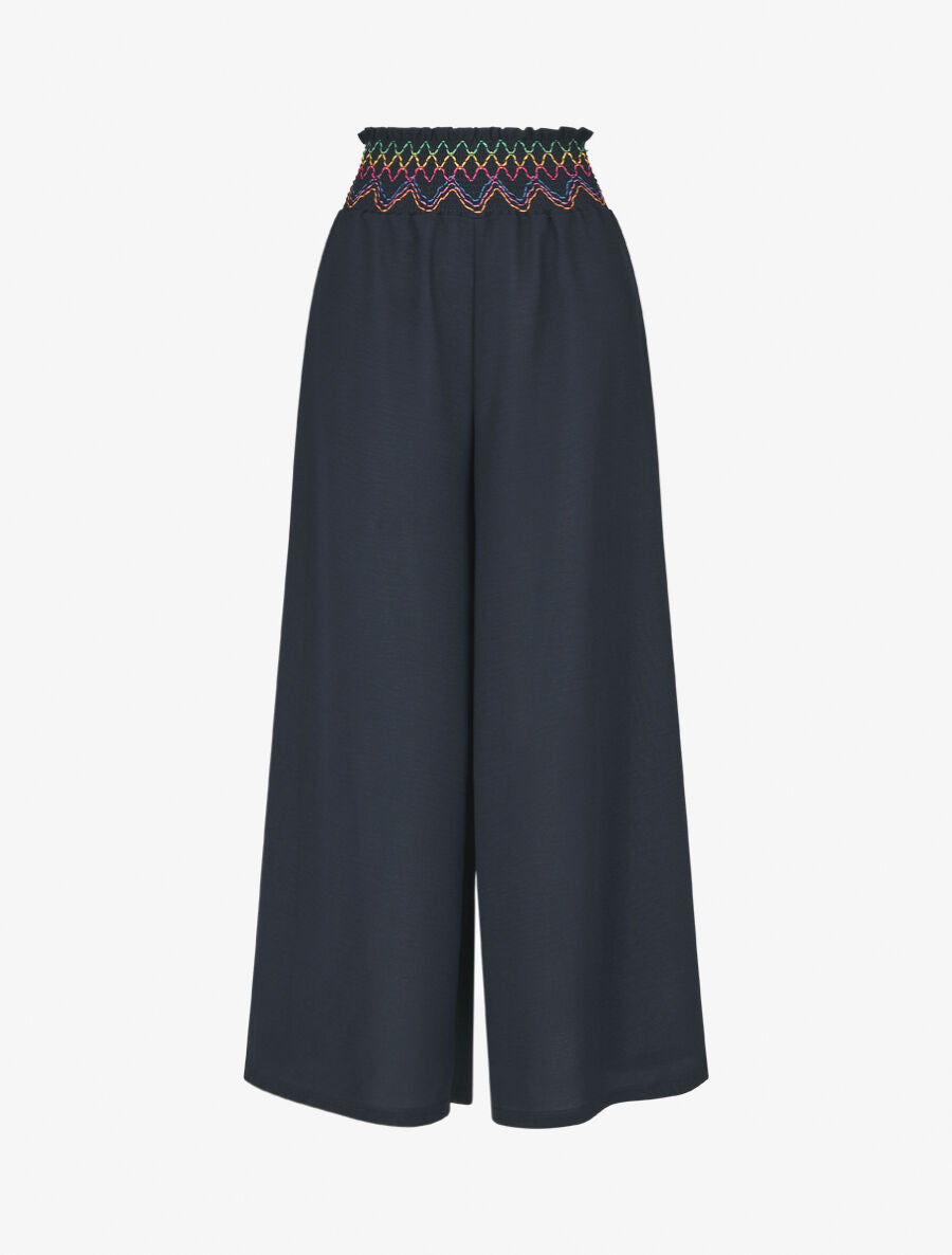 Pantalon ample taille haute uni - Marine - 1