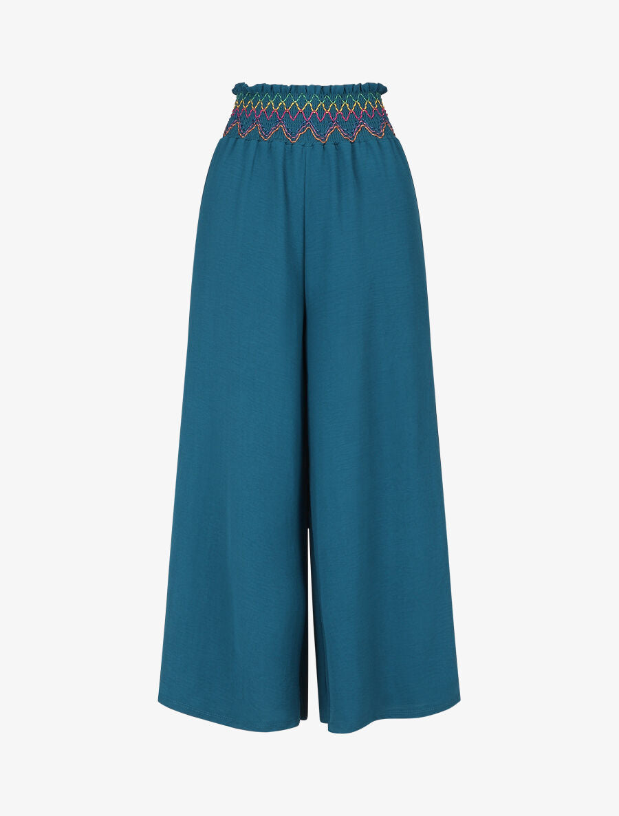 Pantalon ample taille haute uni - Bleu canard - 1