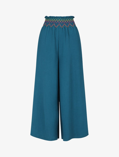 Pantalon ample taille haute uni - Bleu canard - 1