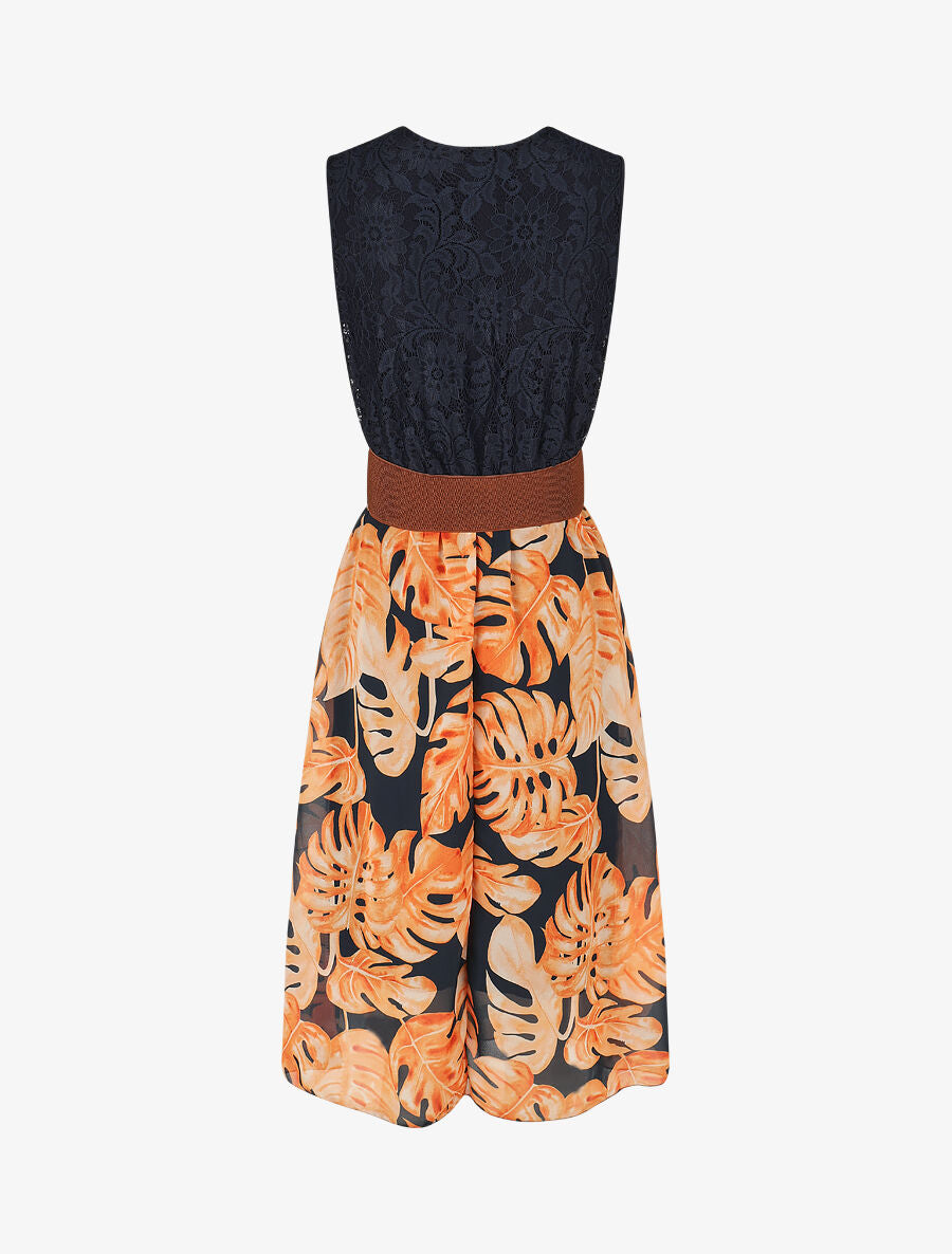 Robe élastiquée à jupe imprimé tropical - Marine - 2