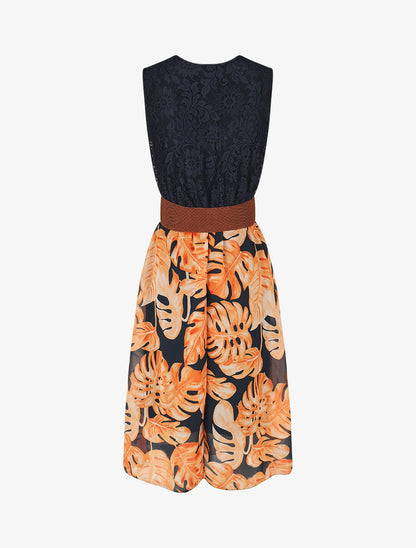 Robe élastiquée à jupe imprimé tropical - Marine - 2
