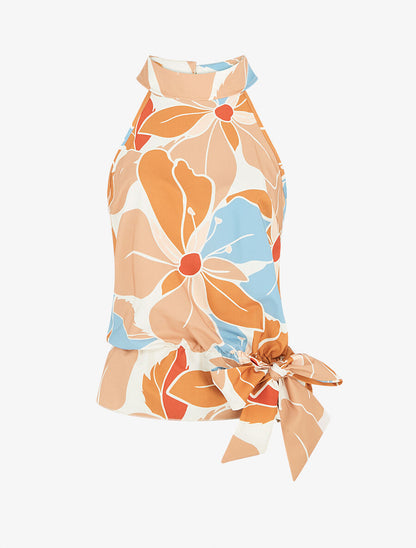Top sans manches imprimé grandes fleurs - Beige - 1