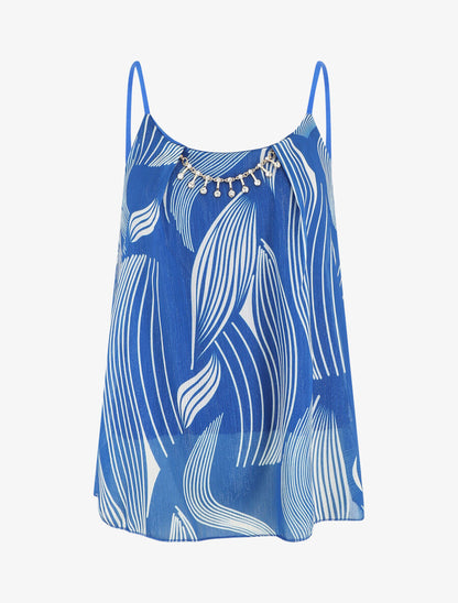 Top fantaisie en voile à bretelles et bijou - Bleu roi - 5