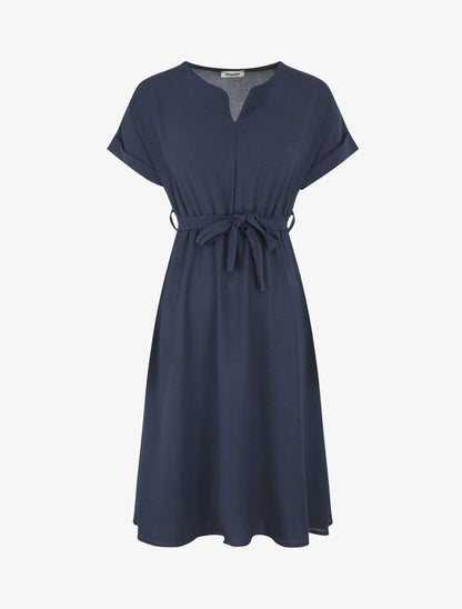 Robe longue unie élastiquée à manches courtes - Marine - 1