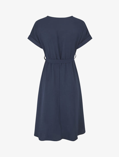 Robe longue unie élastiquée à manches courtes - Marine - 2