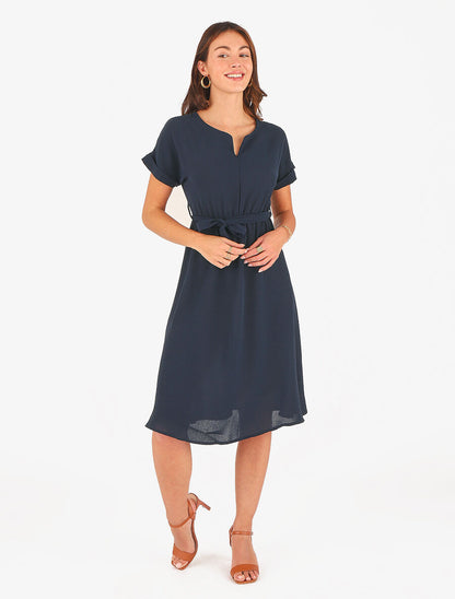 Robe longue unie élastiquée à manches courtes - Marine - 4