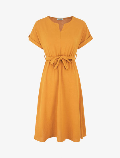 Robe longue unie élastiquée à manches courtes - Jaune moutarde - 1