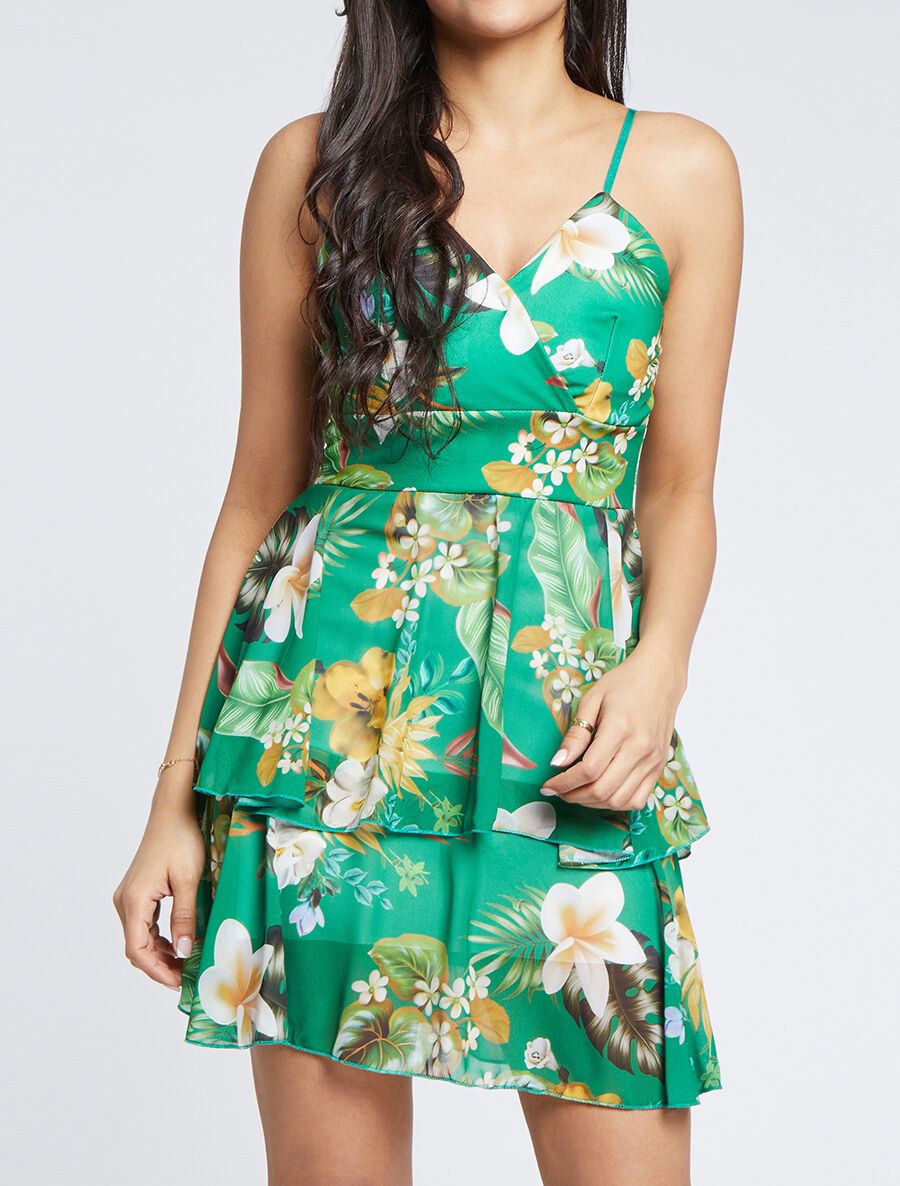 Robe patineuse courte à volants imprimé tropical - Vert - 5