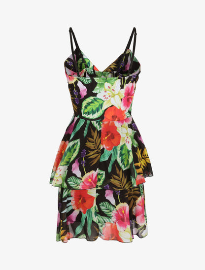 Robe patineuse courte à volants imprimé hibiscus - Noir - 2