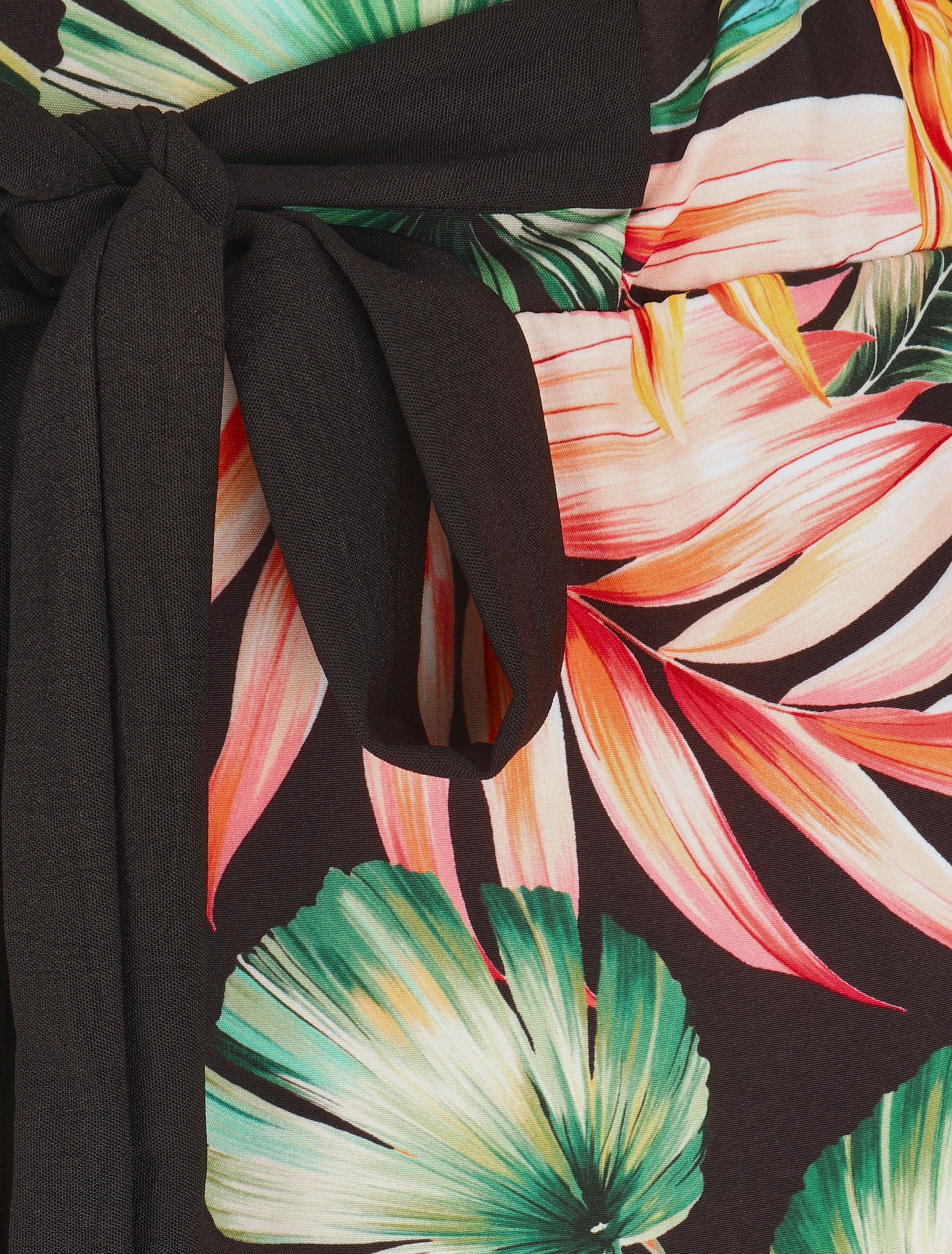 Pantalon ample taille haute motif tropical - Noir - 3