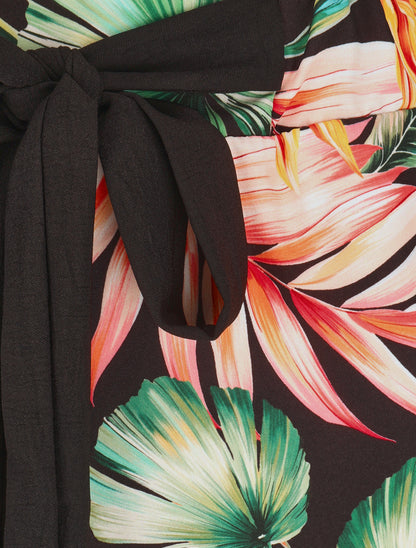 Pantalon ample taille haute motif tropical - Noir - 3