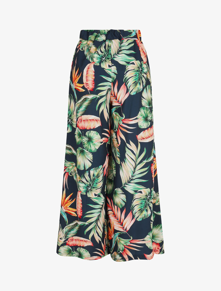 Pantalon ample taille haute motif tropical - Marine - 2