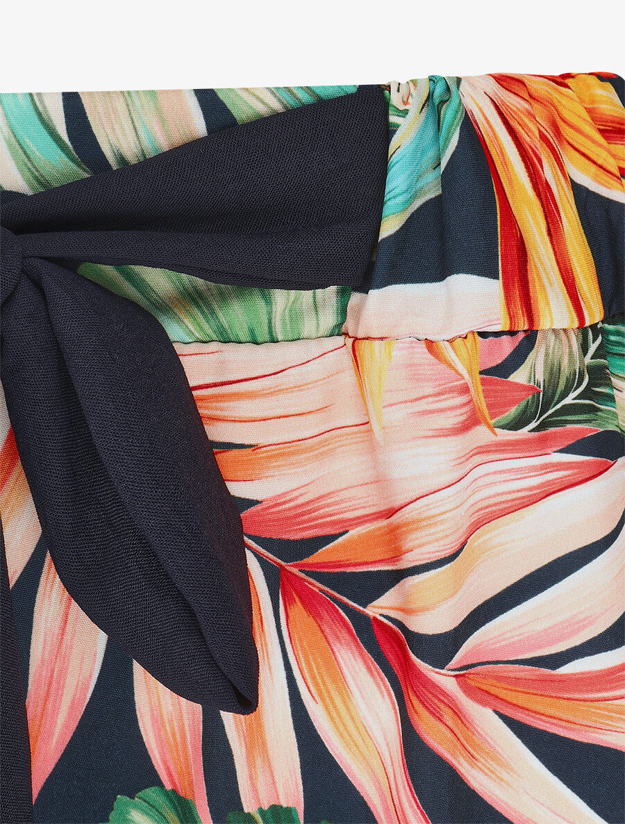 Pantalon ample taille haute motif tropical - Marine - 3