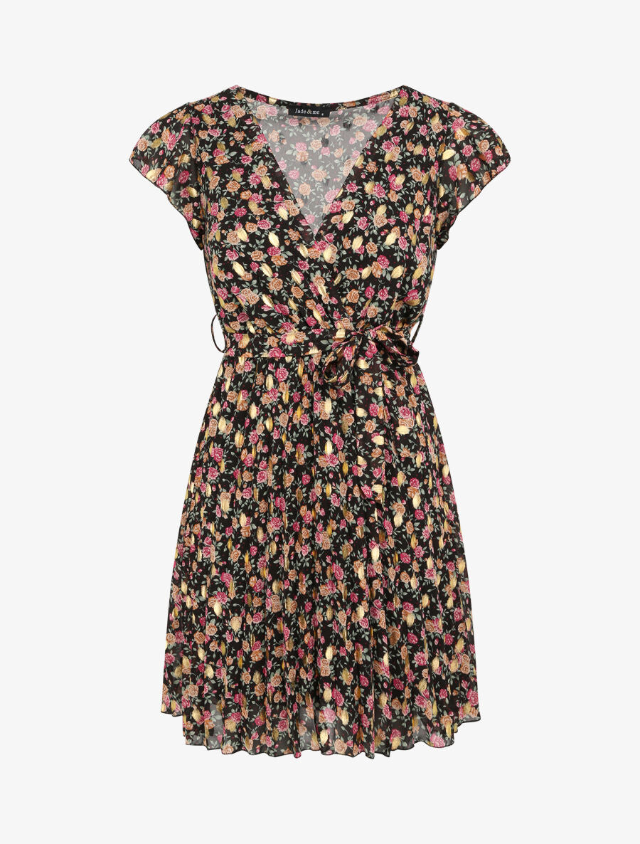 Robe empire courte imprimé roses irisées - Noir - 1