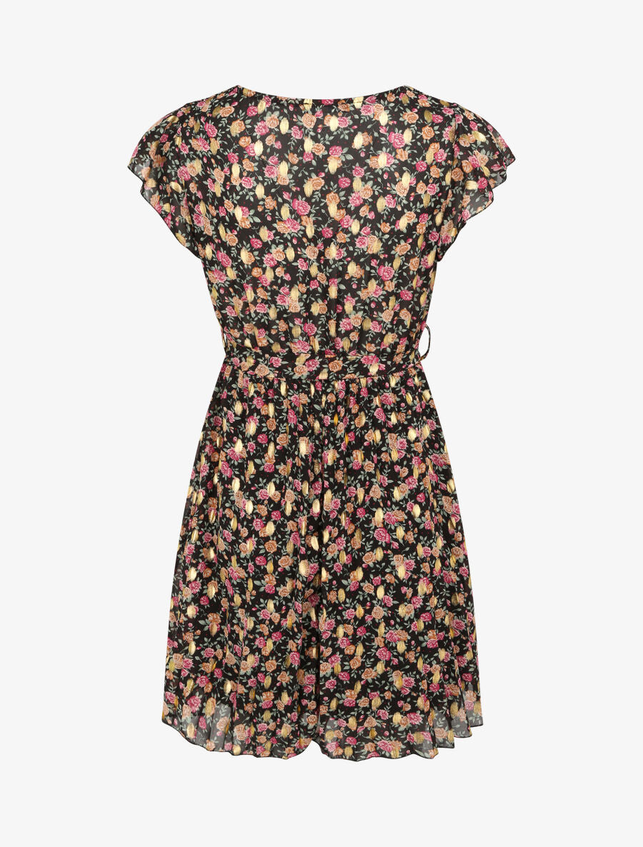 Robe empire courte imprimé roses irisées - Noir - 2