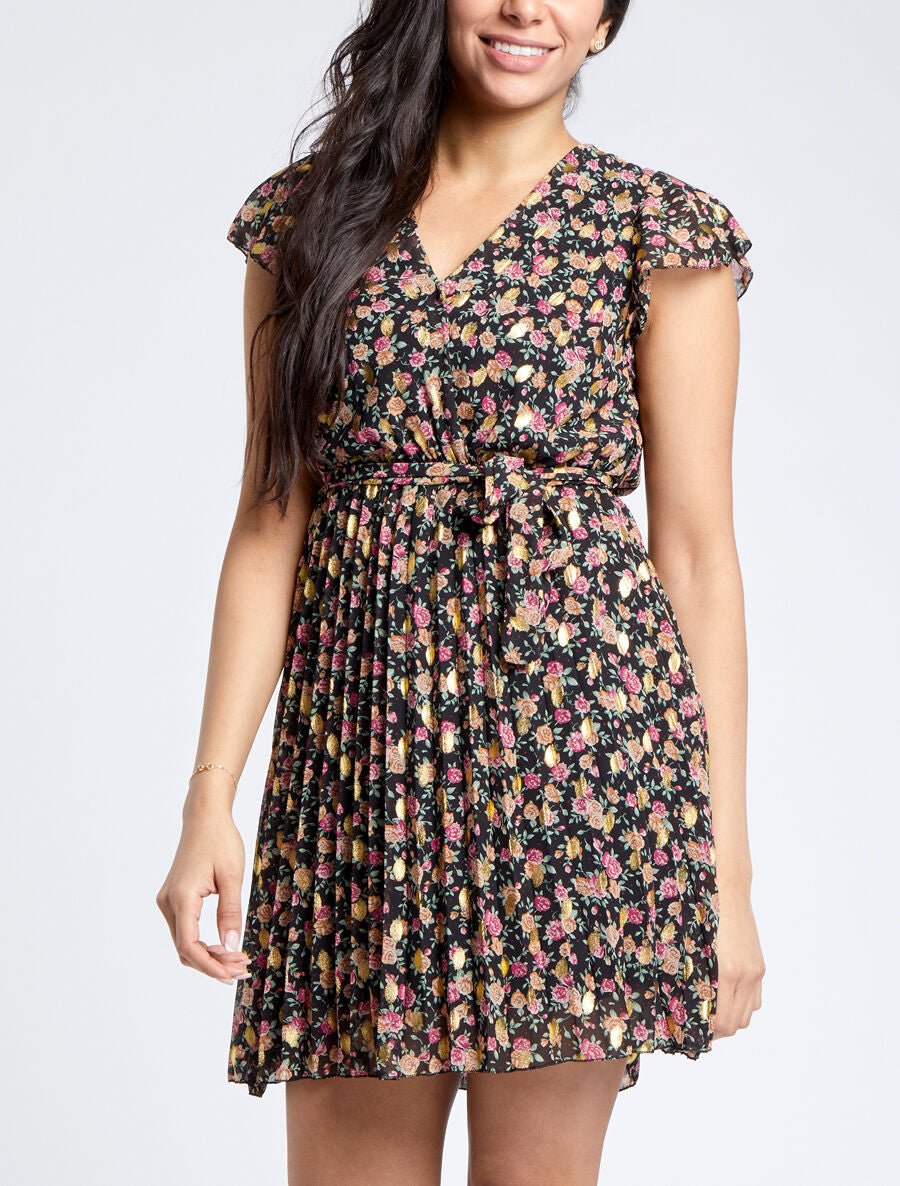 Robe empire courte imprimé roses irisées - Noir - 4