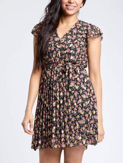 Robe empire courte imprimé roses irisées - Noir - 4