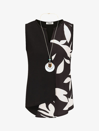 Top sans manches asymétrique imprimé feuilles - Noir - 4