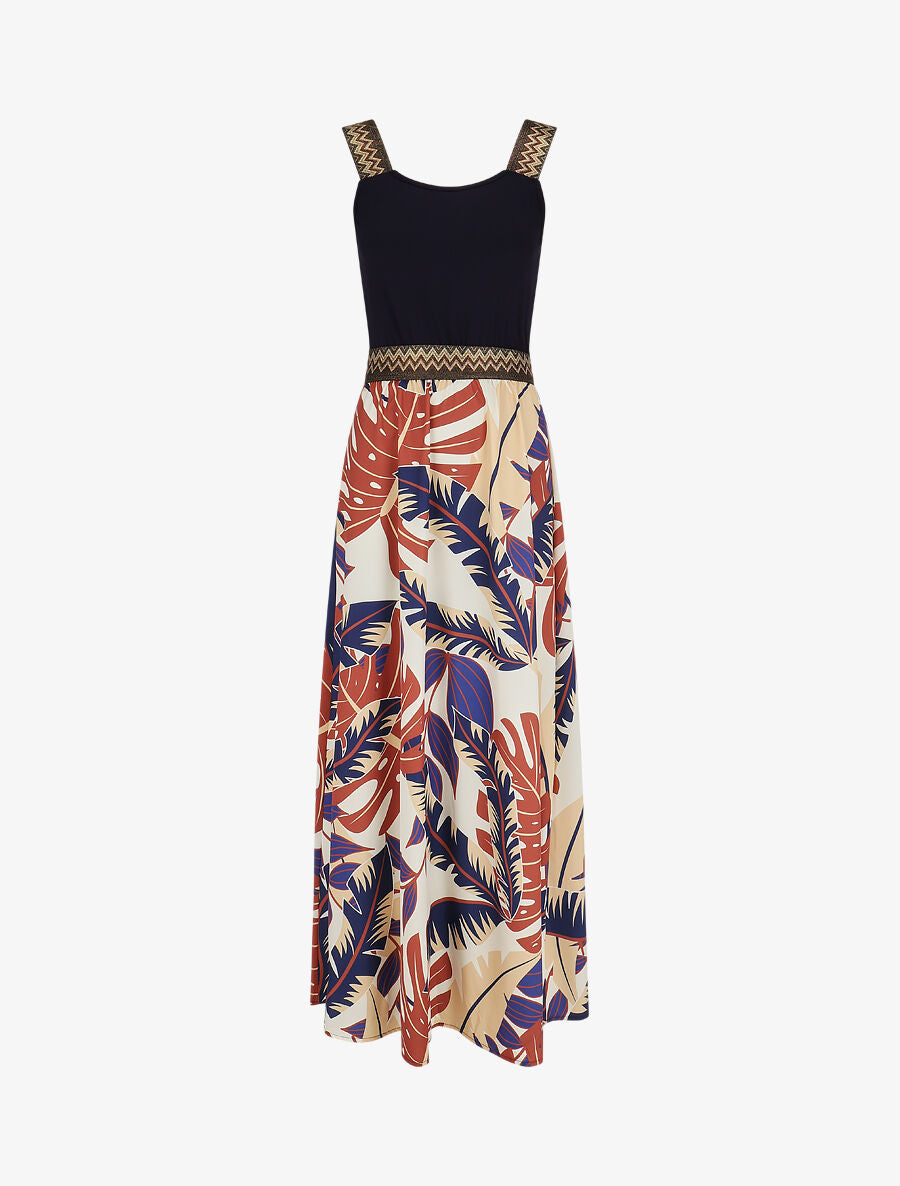 Robe longue à bretelles imprimé tropical - Marine - 2