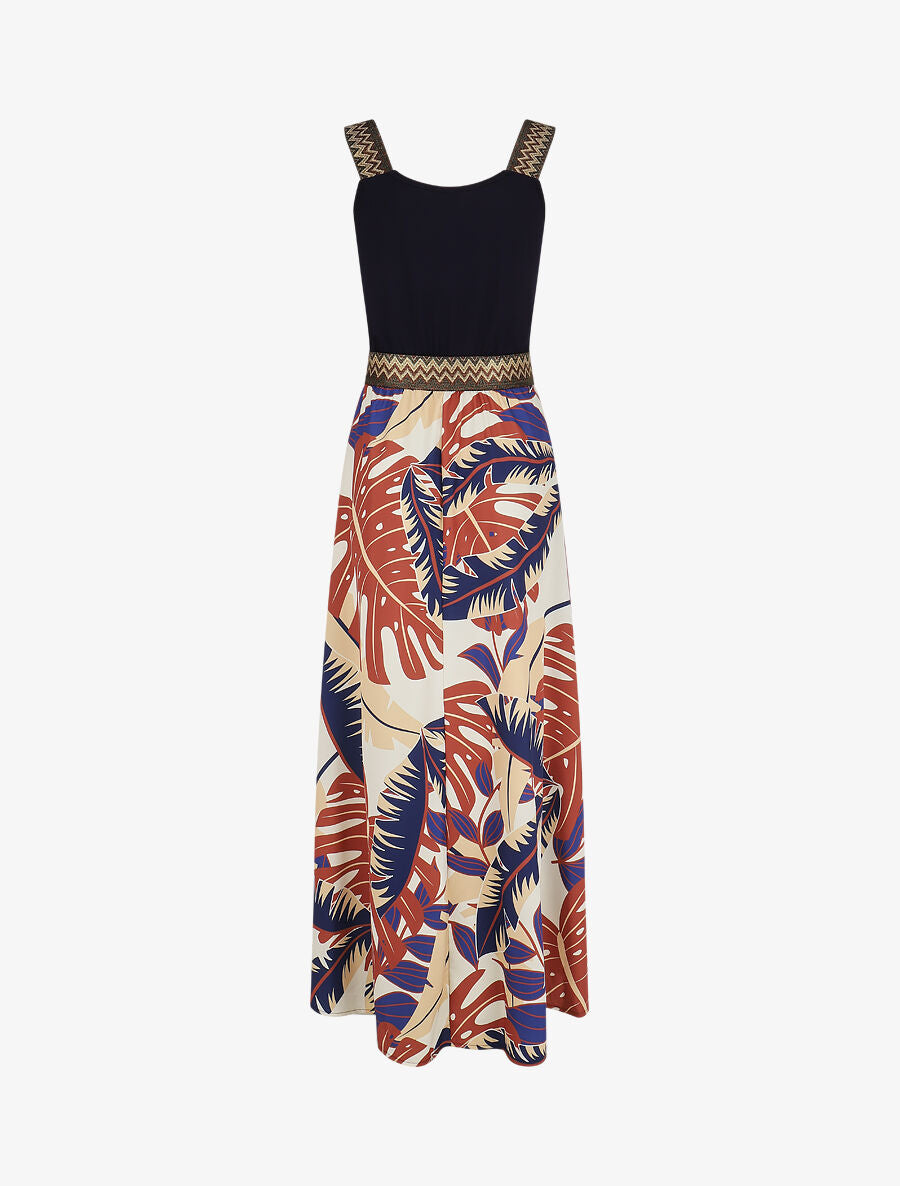 Robe longue à bretelles imprimé tropical - Marine - 5